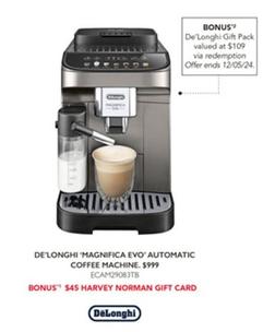 De Longhi - Magnifica Evo Automatic Coffee Machine offers at $999 in Harvey Norman