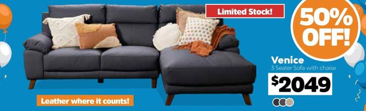 Venice - 3 Seater Sofa With Chaise offers at $2049 in ComfortStyle Furniture & Bedding