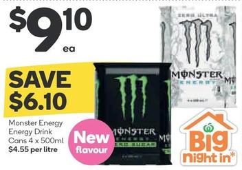 Monster Energy - Energy Drink Cans 4 X 500ml offers at $9.1 in Woolworths