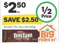 Arnott's - Tim Tam 160-200g offers at $2.5 in Woolworths