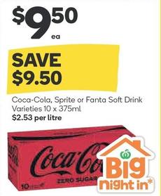 Coca Cola - Sprite Or Fanta Soft Drink Varieties 10 X 375ml offers at $9.5 in Woolworths
