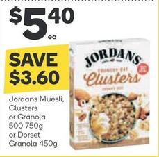 Jordans - Muesli, Clusters Or Granola 500-750g Or Dorset Granola 450g offers at $5.4 in Woolworths