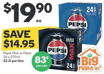 Pepsi - Max Or 24 X 375ml offers at $19.9 in Woolworths