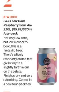8 Wired - Lo-Fi Low Carb Raspberry Sour Ale 2.5% 330ml offers at $15.99 in Air New Zealand