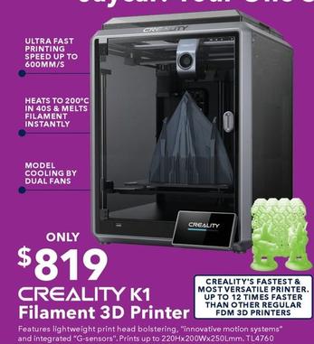Creality - K1 Filament 3d Printer offers at $819 in Jaycar Electronics