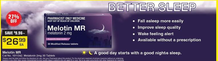 Melotin Mr - Melatonin 2mg 30 Tablets offers at $26.99 in Pharmacy Direct