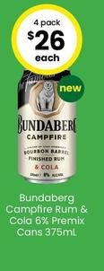 Bundaberg - Campfire Rum & Cola 6% Premix Cans 375ml offers at $27 in The Bottle-O