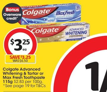 Colgate - Advanced Whitening & Tartar Toothpaste 115g  offers at $3.25 in Coles