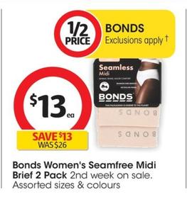 Bonds - Women's Seamfree Midi Brief 2 Pack offers at $13 in Coles