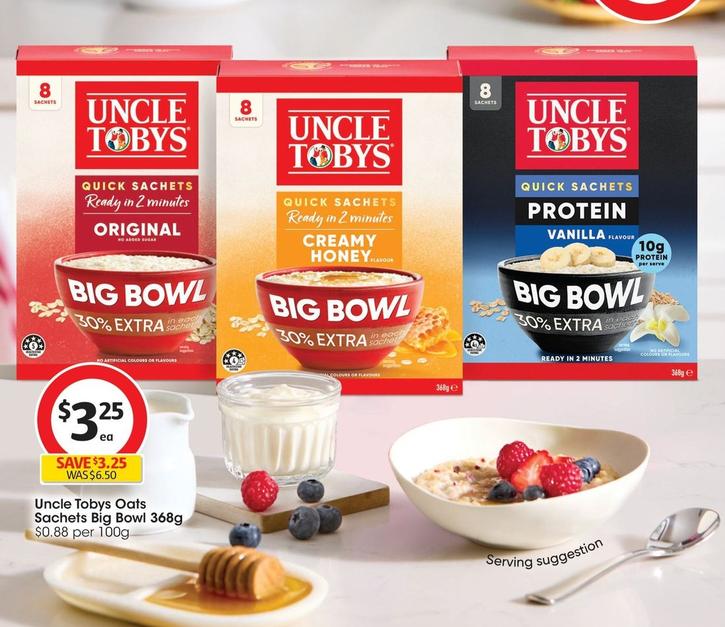 Uncle Tobys - Oats Sachets Big Bowl 368g offers at $3.25 in Coles