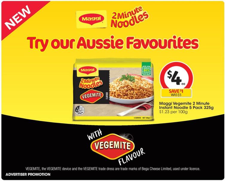 Maggi - Vegemite 2 Minute Instant Noodle 5 Pack 325g offers at $4 in Coles