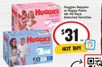 Huggies - Nappies Or Nappy Pants 48-90 Pack Selected Varieties offers at $31 in IGA
