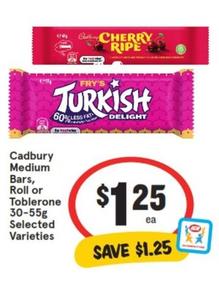 Cadbury - Medium Bars, Roll Or Toblerone 30-55g Selected Varieties offers at $1.25 in IGA