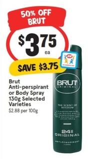 Brut - Anti-perspirant Or Body Spray 130g Selected Varieties offers at $3.75 in IGA