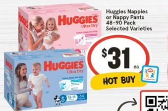 Huggies - Nappies Or Nappy Pants 48‑90 Pack Selected Varieties offers at $31 in IGA