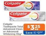 Colgate - Toothpaste Total Advanced Clean Or Advanced Whitening 115g offers at $3.25 in Good Price Pharmacy