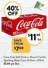 Coca Cola - Soft Drink Or Mount Franklin Sparkling Water Cans 10 Pack X 375ml offers at $11.4 in Foodworks