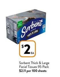 Sorbent - Thick & Large Facial Tissues 95 Pack offers at $2 in Foodworks