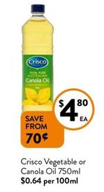 Crisco - Vegetable or Canola Oil 750ml  offers at $4.8 in Foodworks