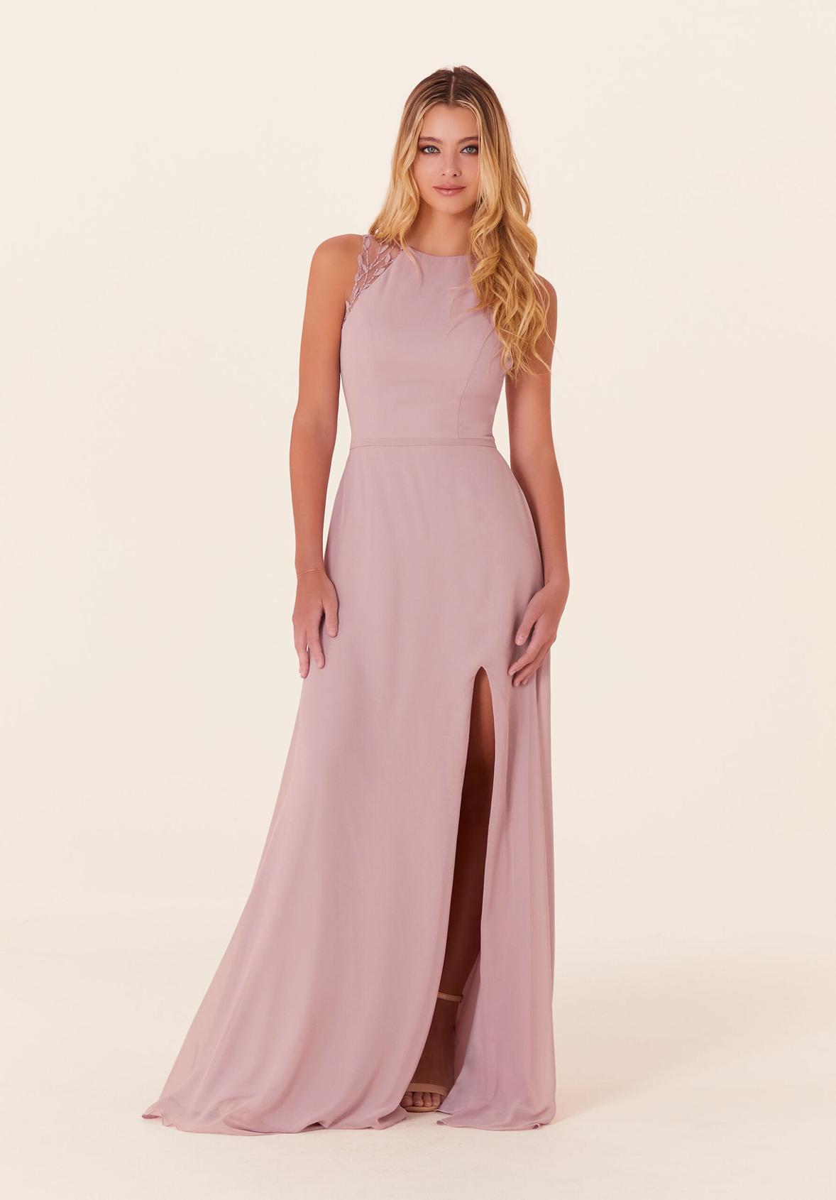 Chiffon Bridesmaid Dress with Leafy Appliqués offers in Morilee