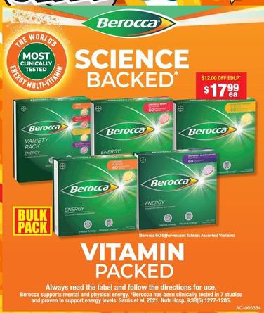 Berocca - 60 Effervescent Tablets Assorted Variants offers at $17.99 in Chemist Warehouse