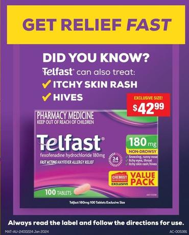 Telfast - 180mg 100 Tablets Exclusive Size offers at $42.99 in Chemist Warehouse