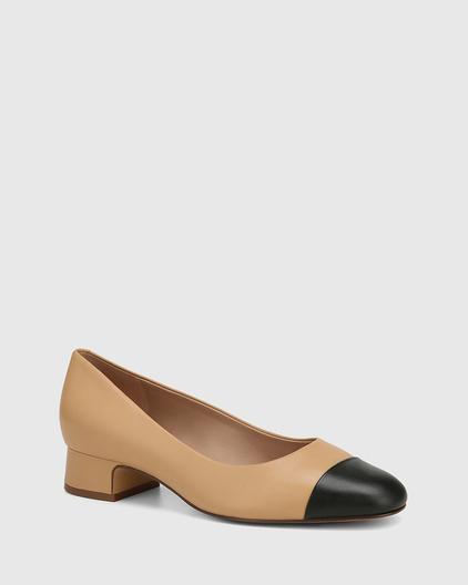 Edithe Wheat and Black Leather Block Heel Pump offers at $219 in Wittner