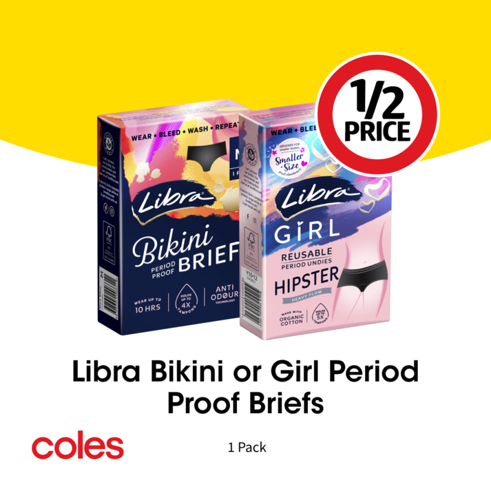 Libra Bikini or Girl Period Proof Briefs offers in Coles