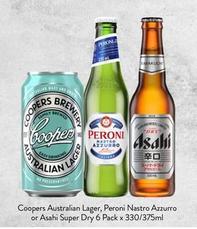 Coopers - Australian Lager, Peroni Nastro Azzurro Or Asahi Super Dry 6 Pack X 330/375ml offers at $20 in Foodworks