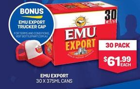 Emu Export - 30 X 375ml Cans offers at $61.99 in Bottlemart
