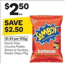 French Fries - Crunchy Potato Straws Or Samboy Potato Chips 175g offers at $2.5 in Woolworths