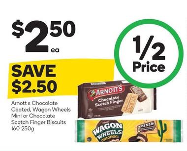Arnott's - Chocolate Coated, Wagon Wheels Mini or Chocolate Scotch Finger Biscuits 160 250g offers at $2.5 in Woolworths