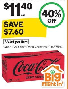Coca Cola - Soft Drink Varieties 10 x 375ml offers at $11.4 in Woolworths