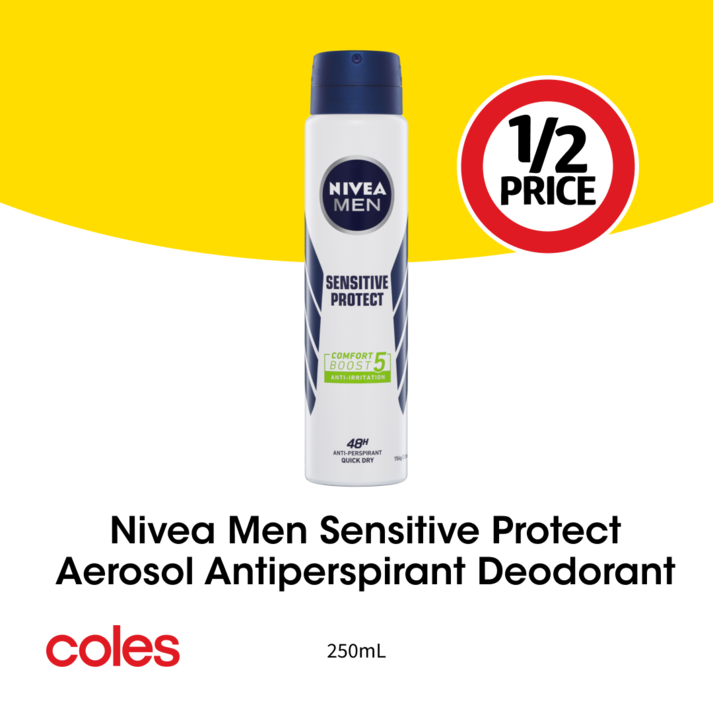 Nivea Men Sensitive Protect Aerosol Antiperspirant Deodorant  offers at $4.75 in Coles