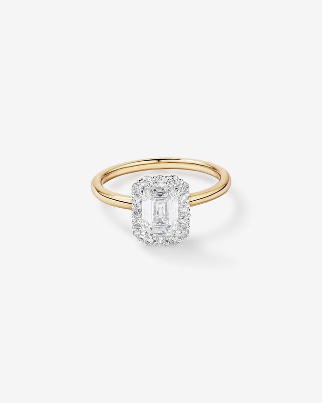 1.46 Carat TW Emerald Cut Laboratory-Grown Diamond Halo Engagement Ring in 14kt Yellow and White Gold offers in Michael Hill