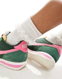 Nike Cortez TXT unisex trainers in dark green and pink offers at $79.99 in Topshop