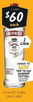 Smirnoff - Vodka Red Label offers at $60 in Cellarbrations