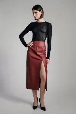 Dante vegan leather midi skirt offers at $99 in Bardot