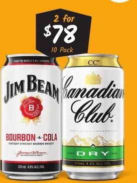 Jim Beam - White & Cola 4.8% Premix Cans 375mL or Canadian Club & Dry 4.8% Premix Cans 375mL offers at $78 in Cellarbrations