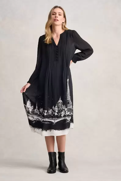 Pintuck Dress - Eiffel Border Print offers at $249.99 in Blue Illusion