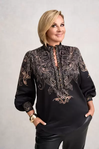 Border Print Blouse - Paisley Border Print offers at $189.99 in Blue Illusion