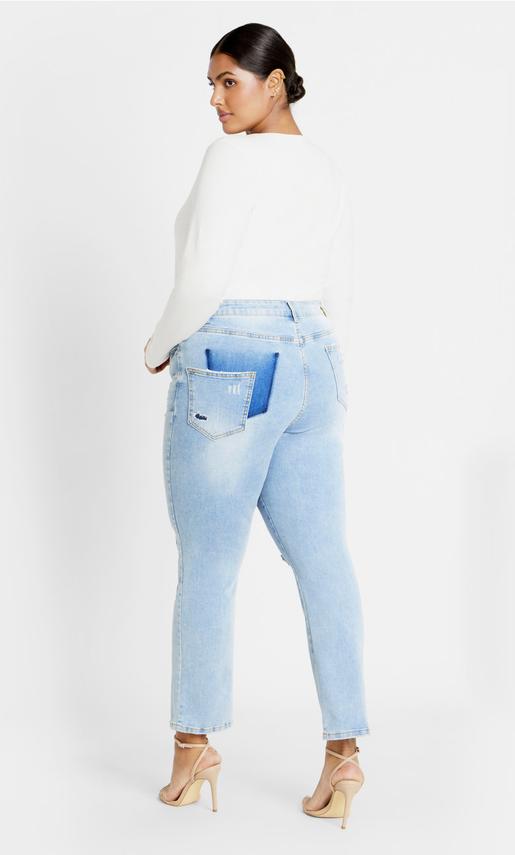 Harley Embroidered Patch Mum Jean - blue wash offers at $90.97 in City Chic