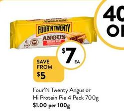 Four’N Twenty - Angus Or Hi Protein Pie 4 Pack 700g offers at $7 in Foodworks