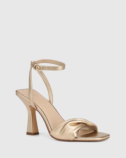 Tinker Champagne Metallic Leather Flared Heel Sandal offers at $220 in Wittner