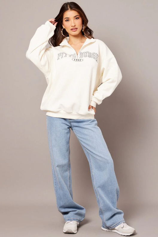 White Zip Neck Sweater Oversized offers at $40 in Ally Fashion