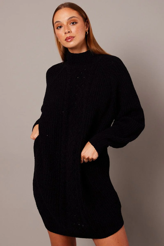 Black Knit Dress High Neck Oversized Chenille offers at $35 in Ally Fashion