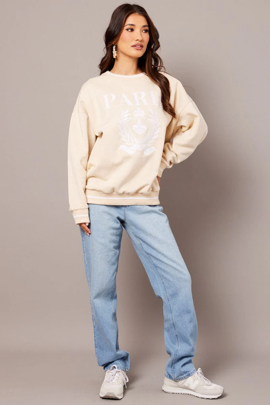 Beige Graphic Sweater Long Sleeve offers at $30 in Ally Fashion