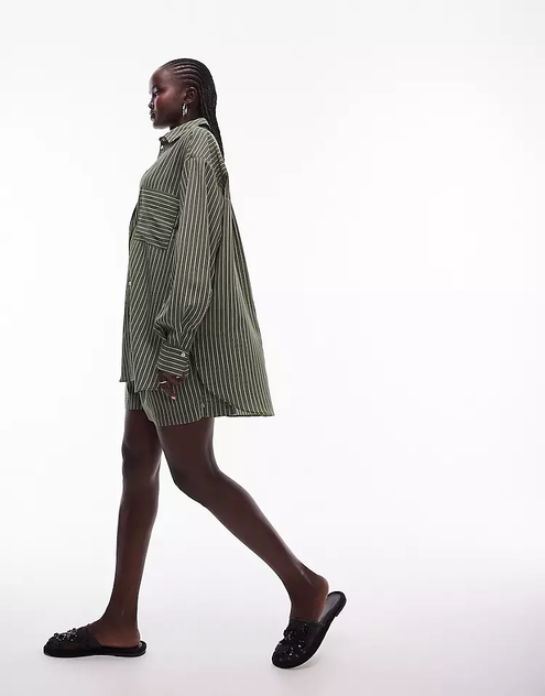 Topshop shirt and shorts co-ord in olive stripe offers at $44.99 in Topshop