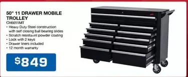 Chicane - 50" 11 Drawer Mobile Trolley offers at $849 in Burson Auto Parts