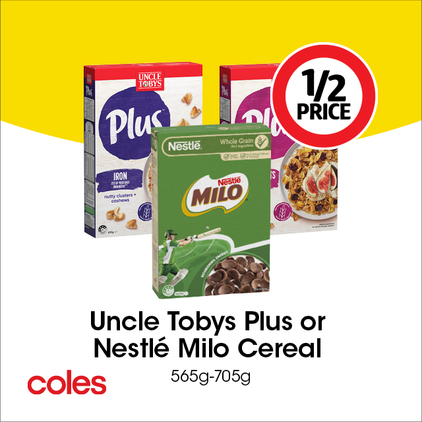 Uncle Tobys Plus or Nestlé Milo Cereal  offers at $4.4 in Coles